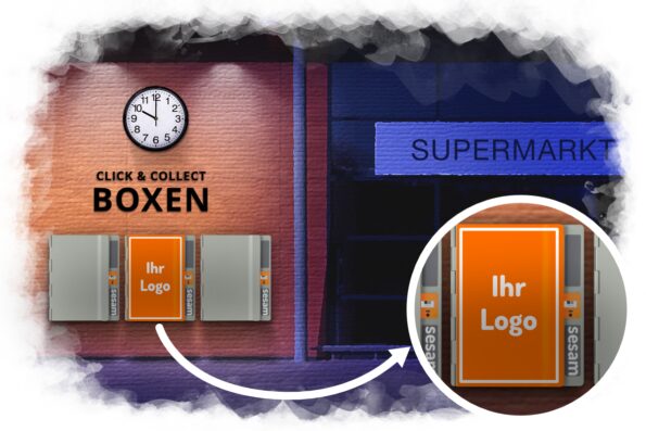 SESAM HomeBoxen bei Nacht vor einem Supermarkt, Paketkasten als Click & Collect genutzt